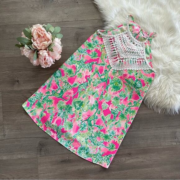 Lilly Pulitzer Mila Raz Berry Catty Shack Pearl Lace Pink & Green Shift Dress - Picture 3 of 8